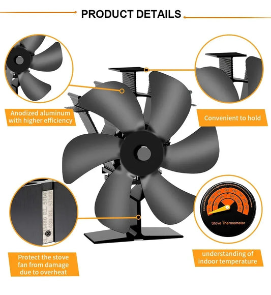 Wärmeübertragungs-Ofenventilator mit 6 Flügeln – wärmebetriebener Öko-Ventilator für Kamin und Holzofen