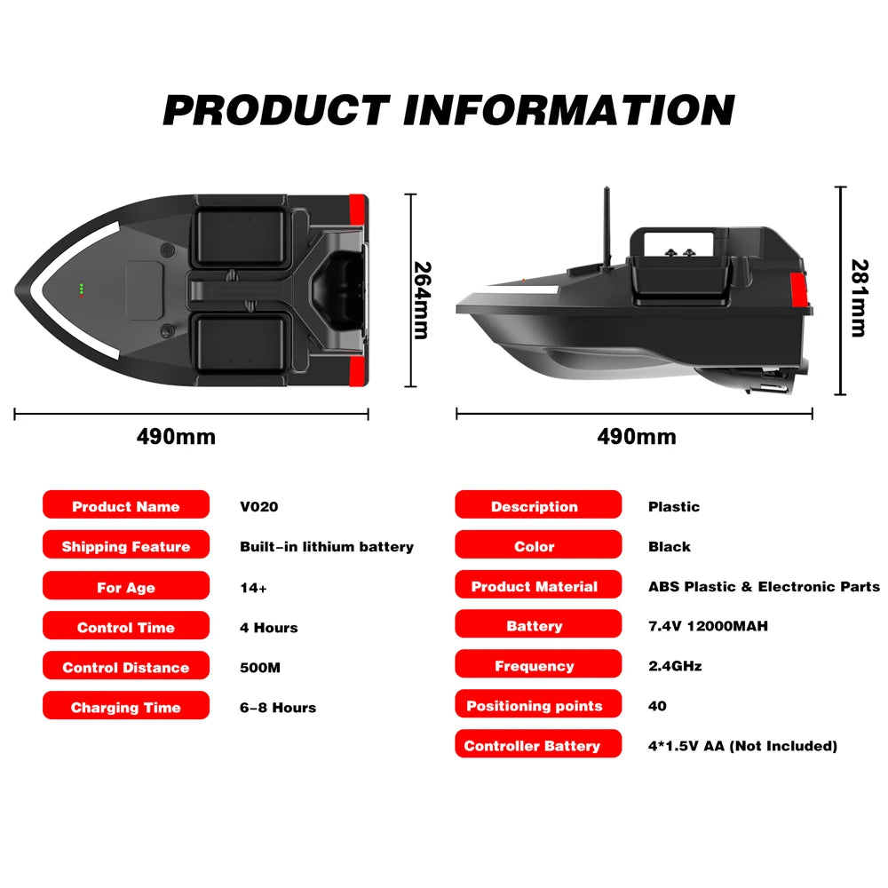 V020 GPS Bait Boat – 500m Distance, Dual Motor &amp; Fish Finder, Auto-Cruise &amp; Return Function