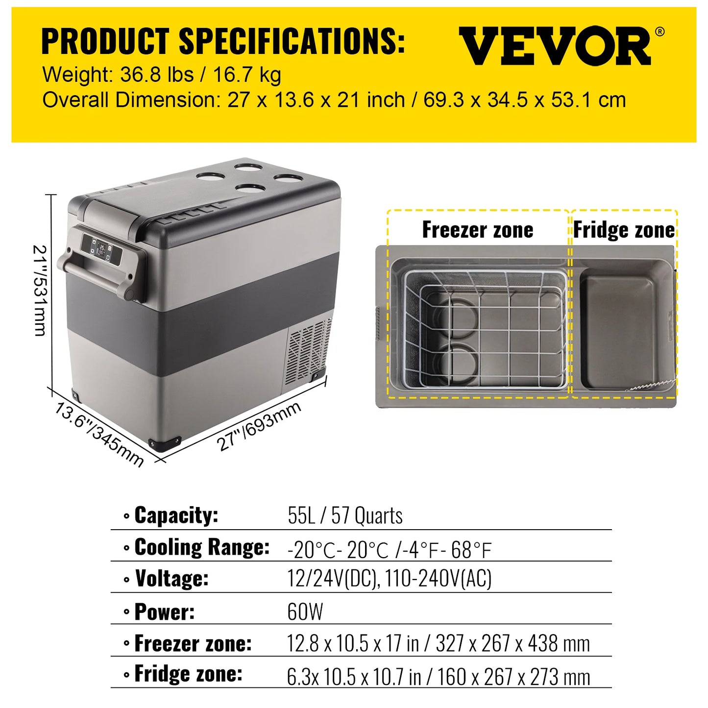 Draagbare Auto Koelkast – Mini Compressor Koeler 20L tot 55L, 12/24V DC & 110-240V AC, Voor Camping en Reis