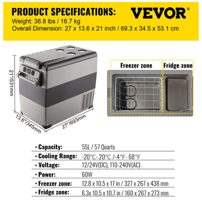 Draagbare Auto Koelkast – Mini Compressor Koeler 20L tot 55L, 12/24V DC & 110-240V AC, Voor Camping en Reis